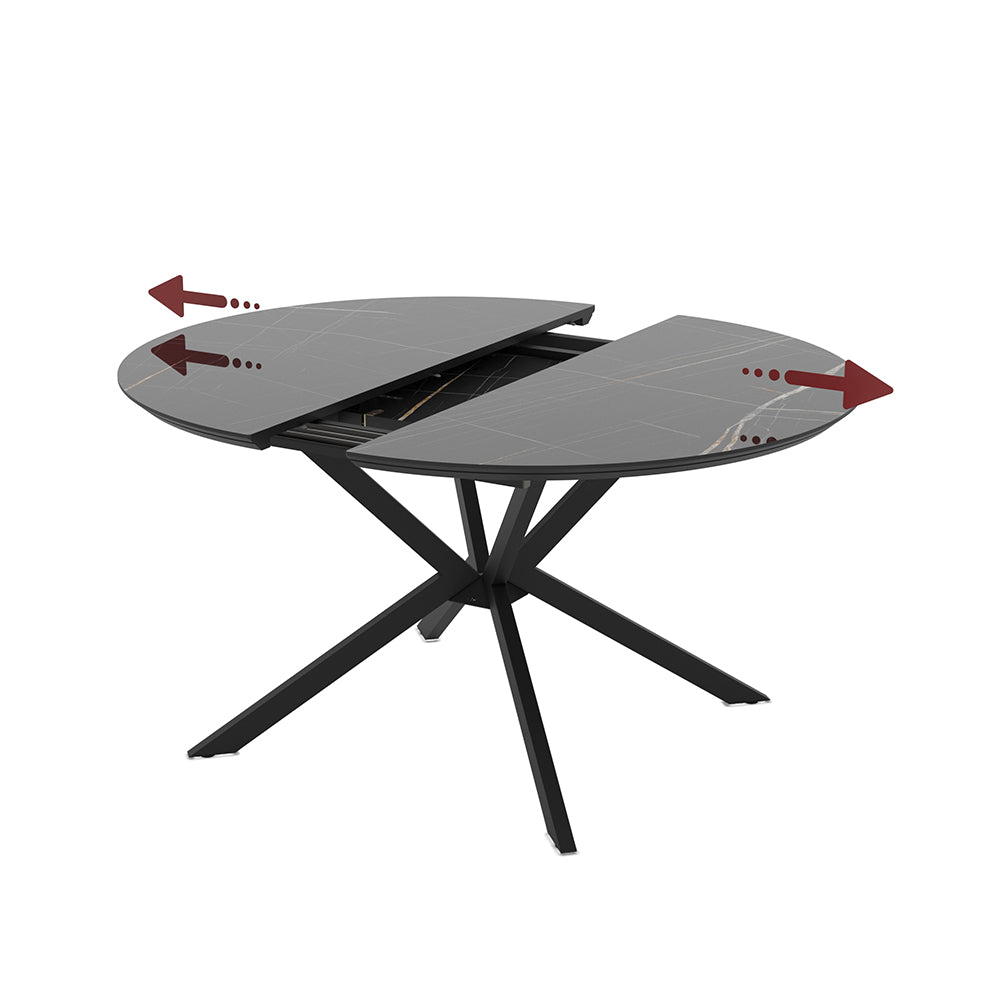 Tavolo rotondo allungabile piano effetto marmo nero con dettagli oro lucido 126x126x76H Dobok