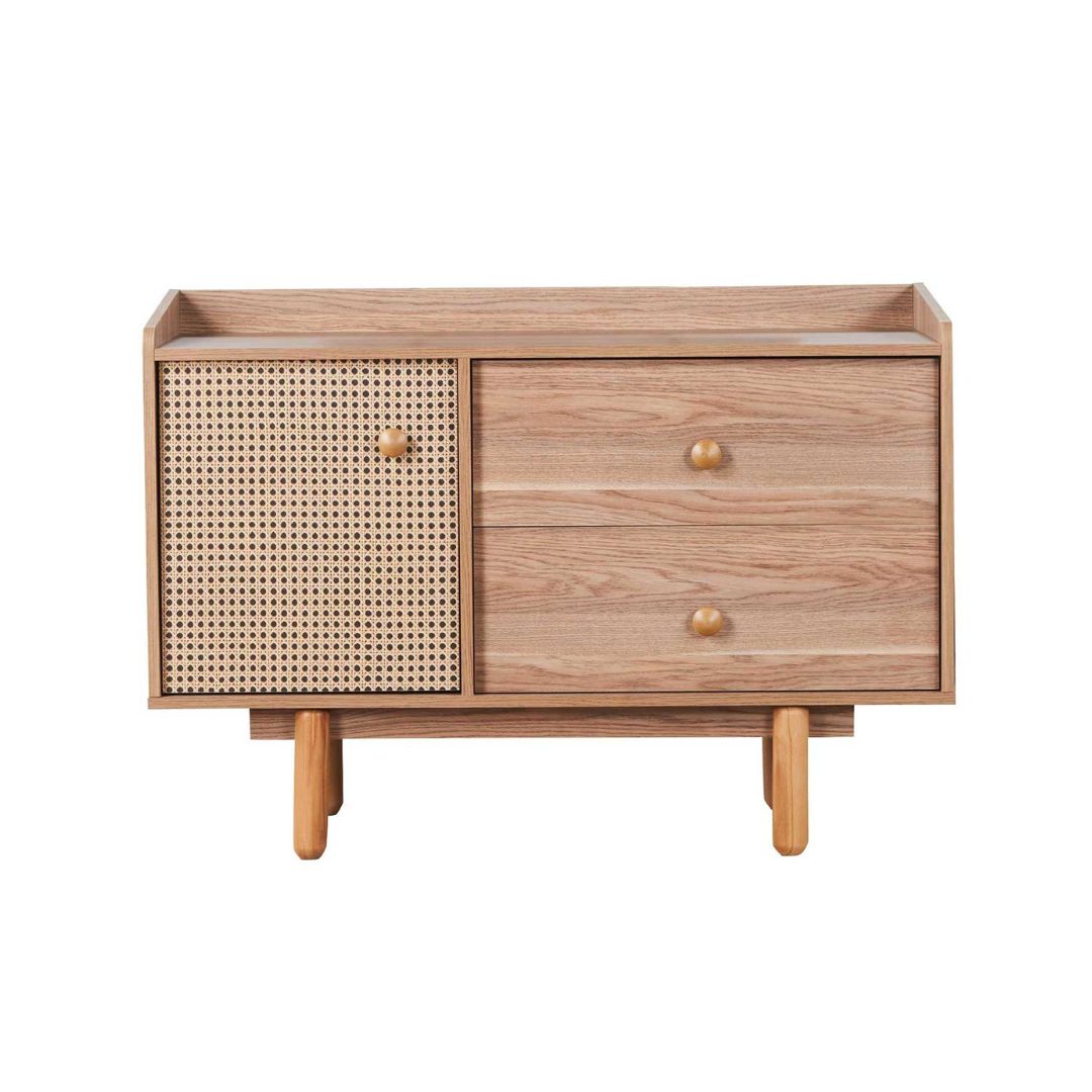 Chambre Nature coloris chêne miel effet cannage et armoire miroir
