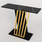 CONSOLE GRAVITY NOIR AVEC DÉTAIL PIED OR ET PLATEAU EFFET MARBRE NOIR