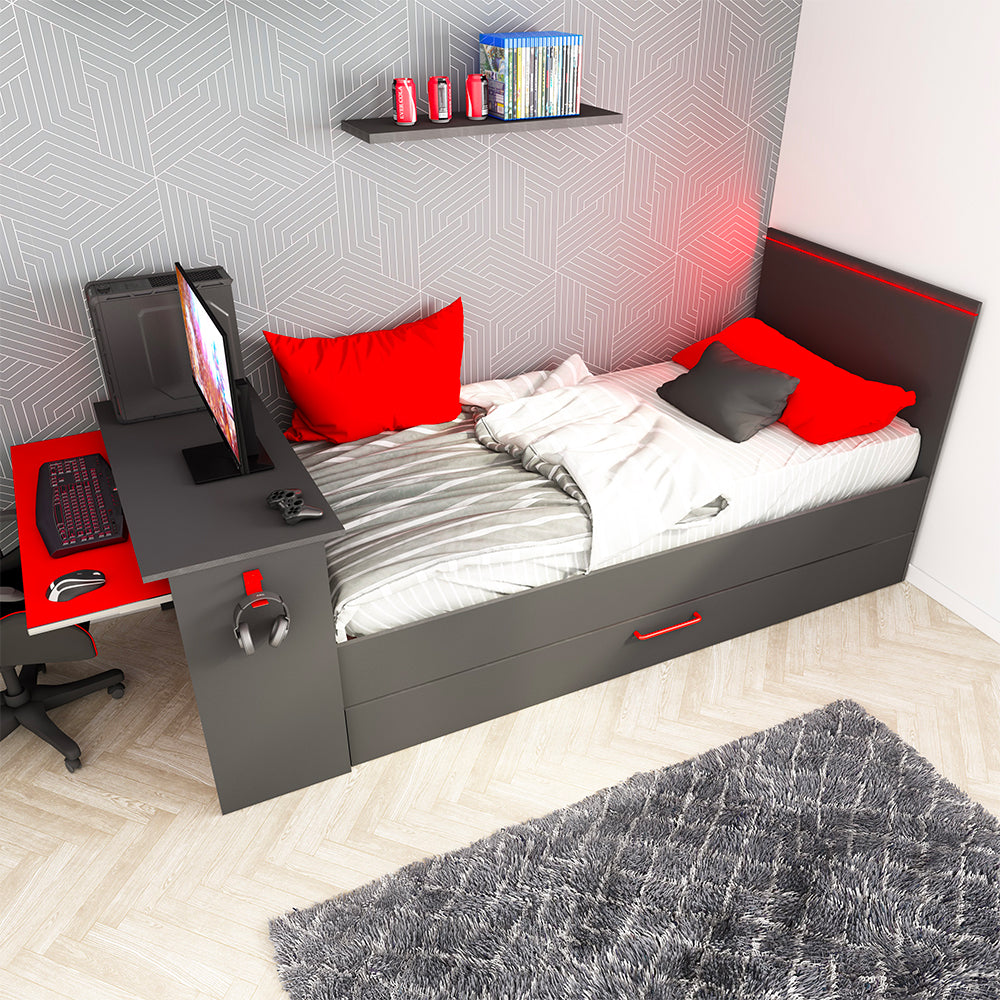 Kinderzimmer mit ausziehbarem Einzelbett und integriertem Schreibtisch in Anthrazit und Rot, umbaubar