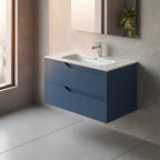Hängender Badezimmerschrank in mattem Hellblau mit geriffelten Schubladen 80x45x50H cm - Gaper