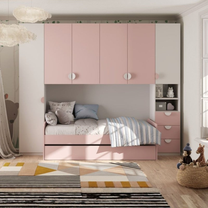 Cameretta a ponte con 2 letti colore bianco opaco e rosa 293x5x240.5H Gilbert