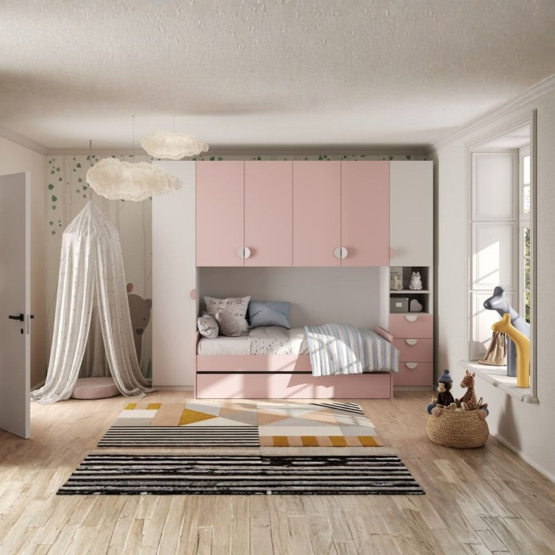 Cameretta a ponte con 2 letti colore bianco opaco e rosa 293x5x240.5H Gilbert
