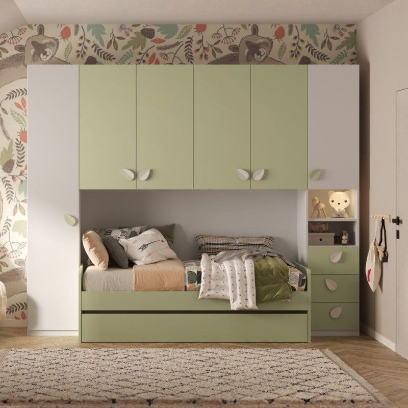 Cameretta a ponte con 2 letti colore bianco opaco e verde pistacchio 293x5x240.5H Gilbert