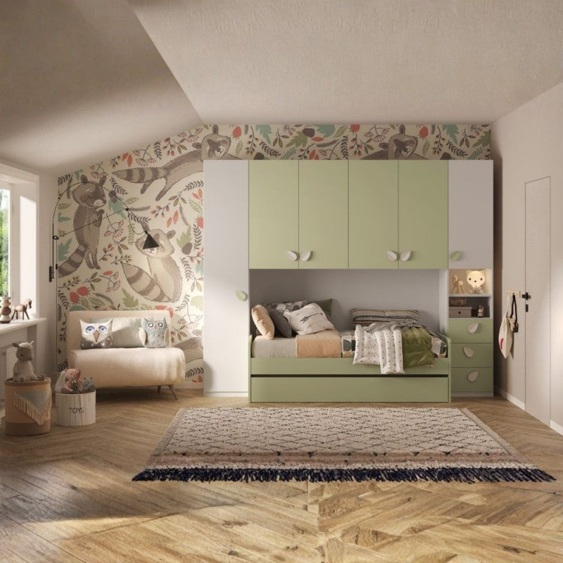 Cameretta a ponte con 2 letti colore bianco opaco e verde pistacchio 293x5x240.5H Gilbert