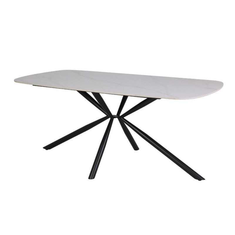 Tisch mit glänzender Keramikplatte in weißer Marmoroptik und schwarzen Beinen - Style