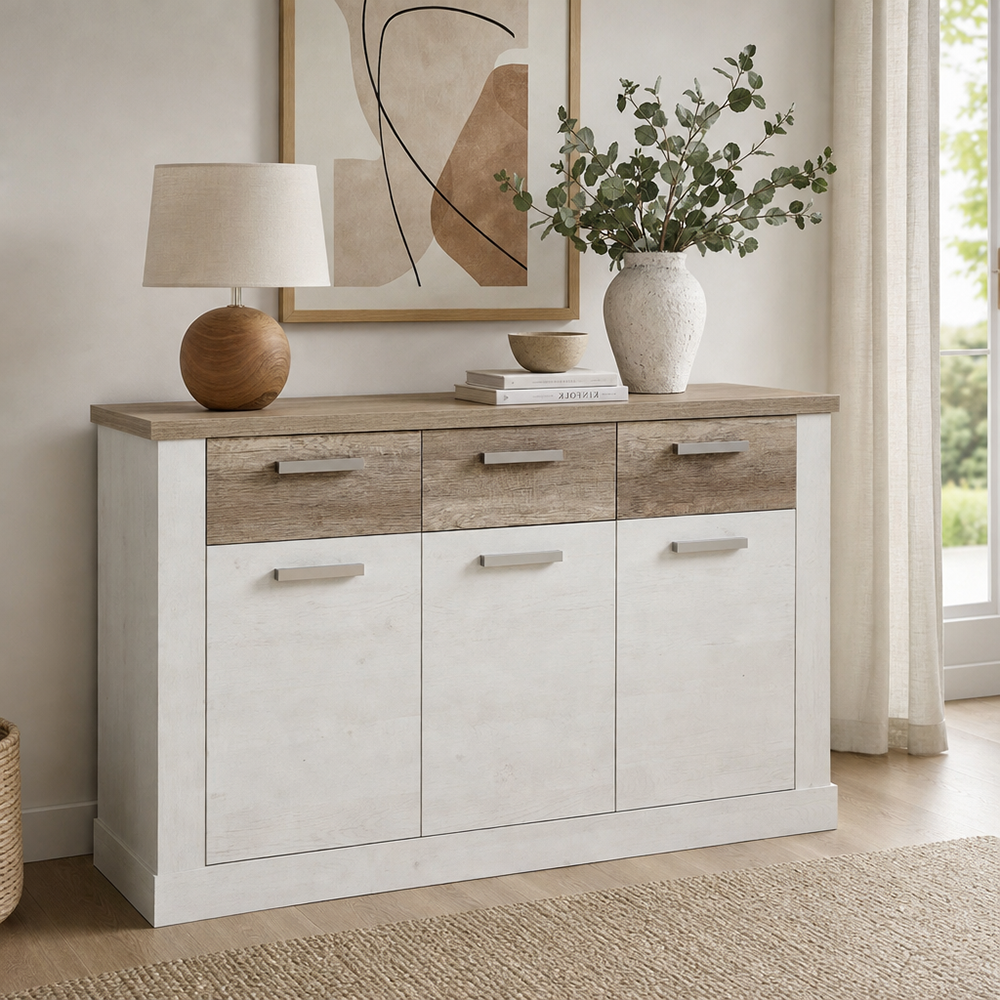 Madia 3 ante e 3 cassetti 213 cm pino bianco con top rovere antico Flux