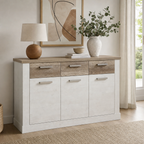 Madia 3 ante e 3 cassetti 213 cm pino bianco con top rovere antico Flux