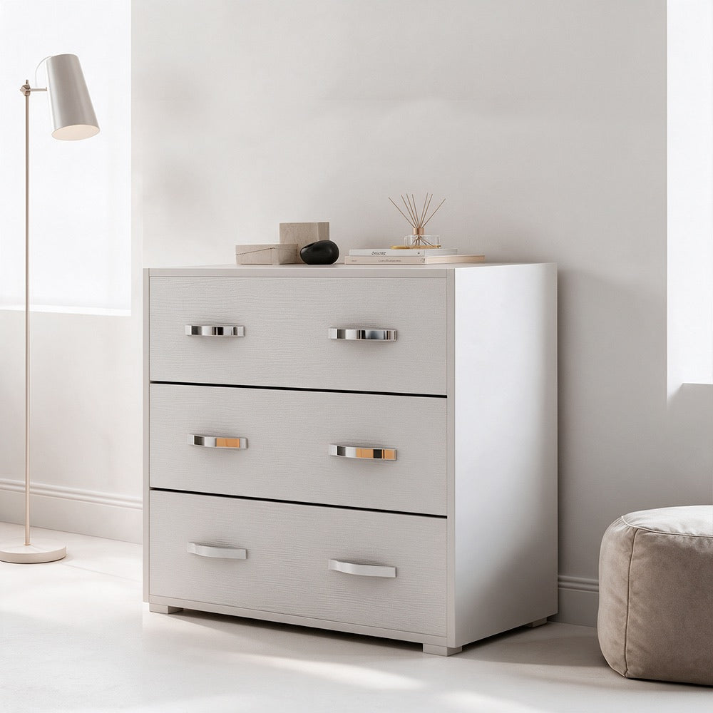 Comò con 3 cassetti colore bianco frassinato 91x45x81H cm
