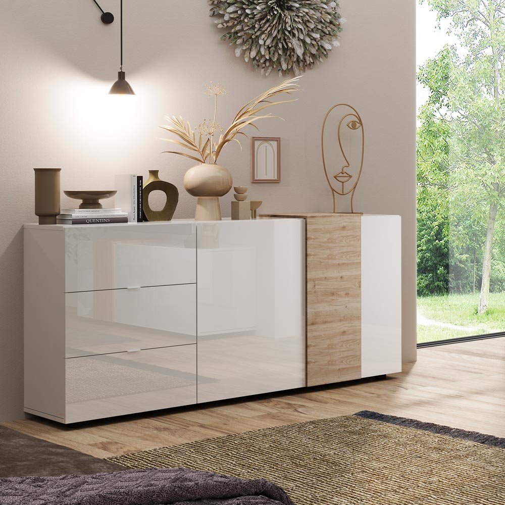 Madia con 2 ante e 3 cassetti 181 cm colore bianco e rovere - Sabry