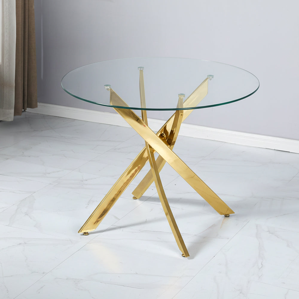 Tavolo rotondo 130x130 cm in vetro temperato con gambe incrociate oro Peyton