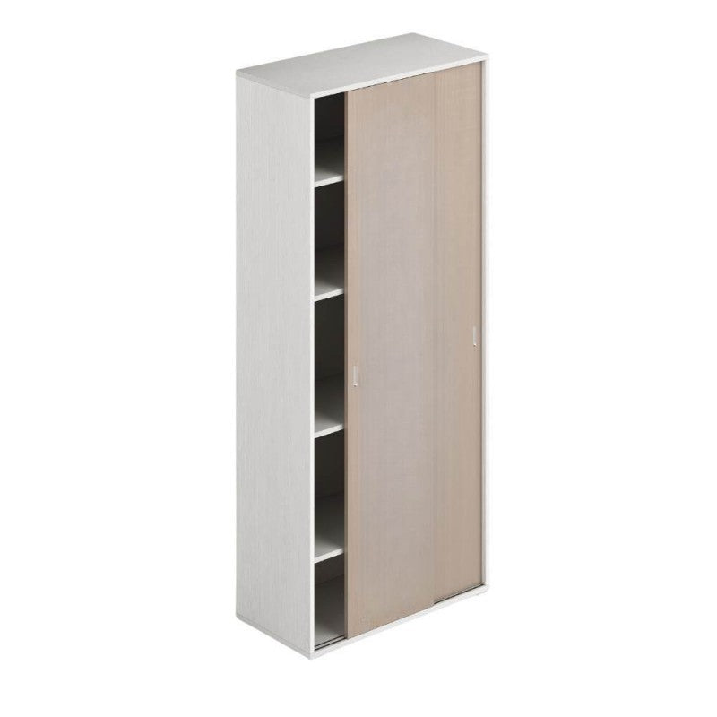 Armadio con due ante scorrevoli e ripiani colore bianco frassinato e olmo 90x212H cm