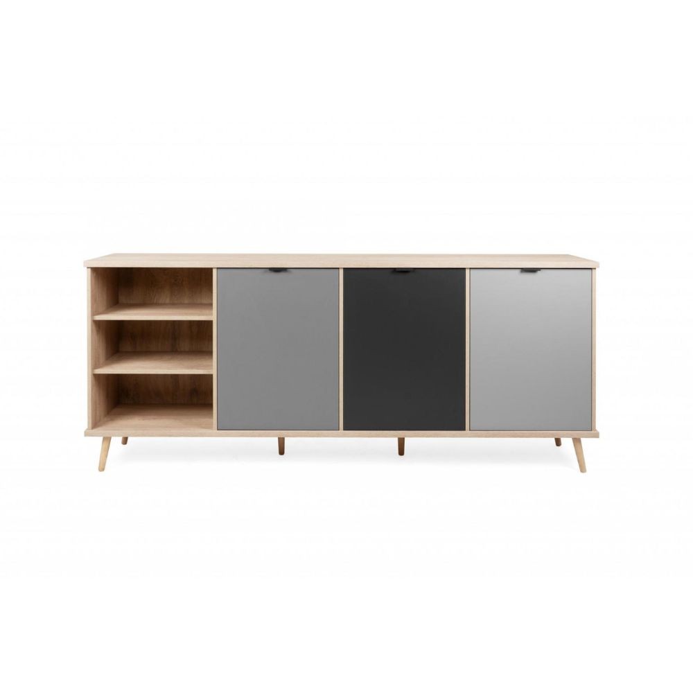 Madia in legno 209,6x88,3h cm con tre ante e vano a giorno colore rovere, antracite e grigio - Epik 56