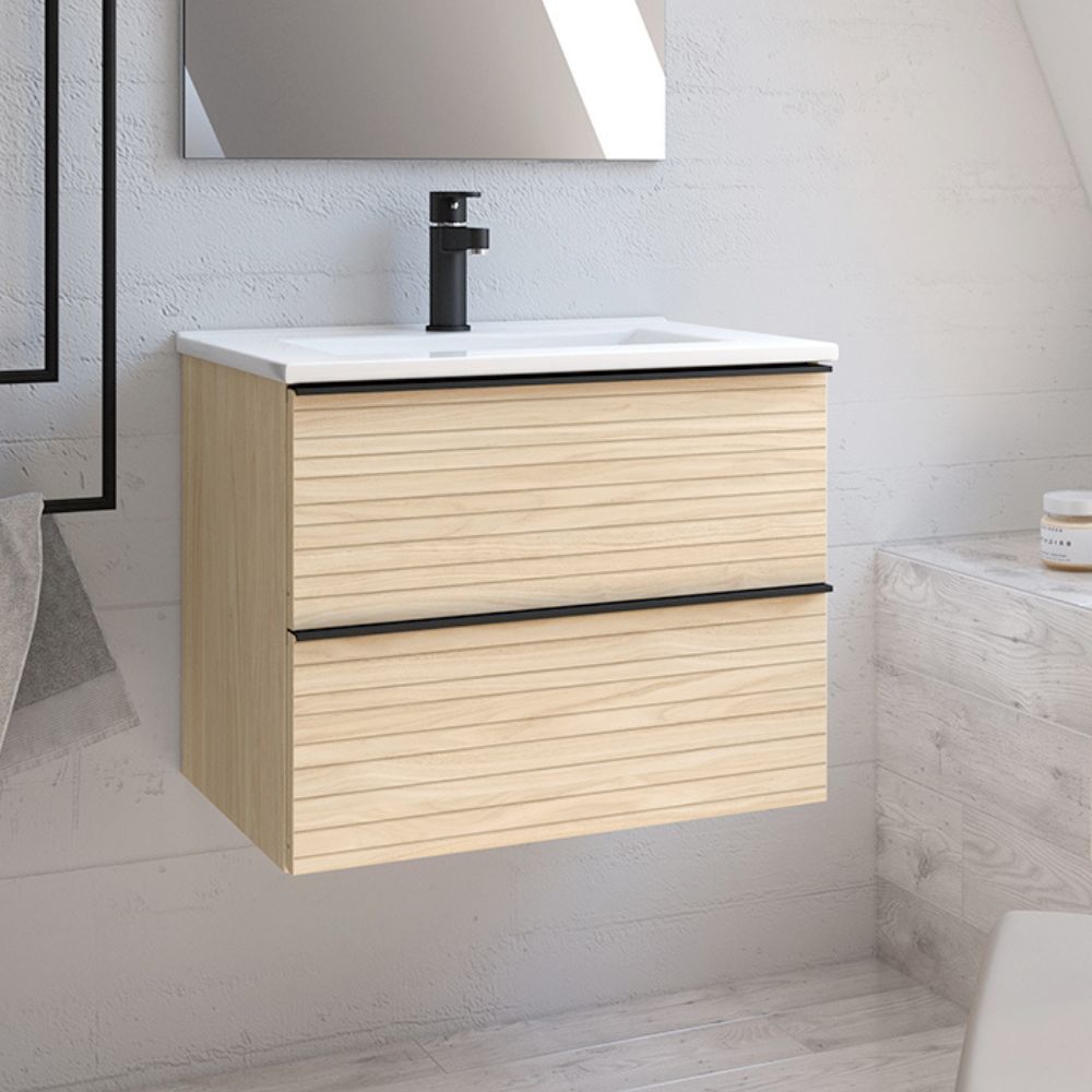 Wandhängender Badschrank 80 cm mit 2 Schubladen, Farbe Hellbraun Eiche Rillen-Effekt - Elius
