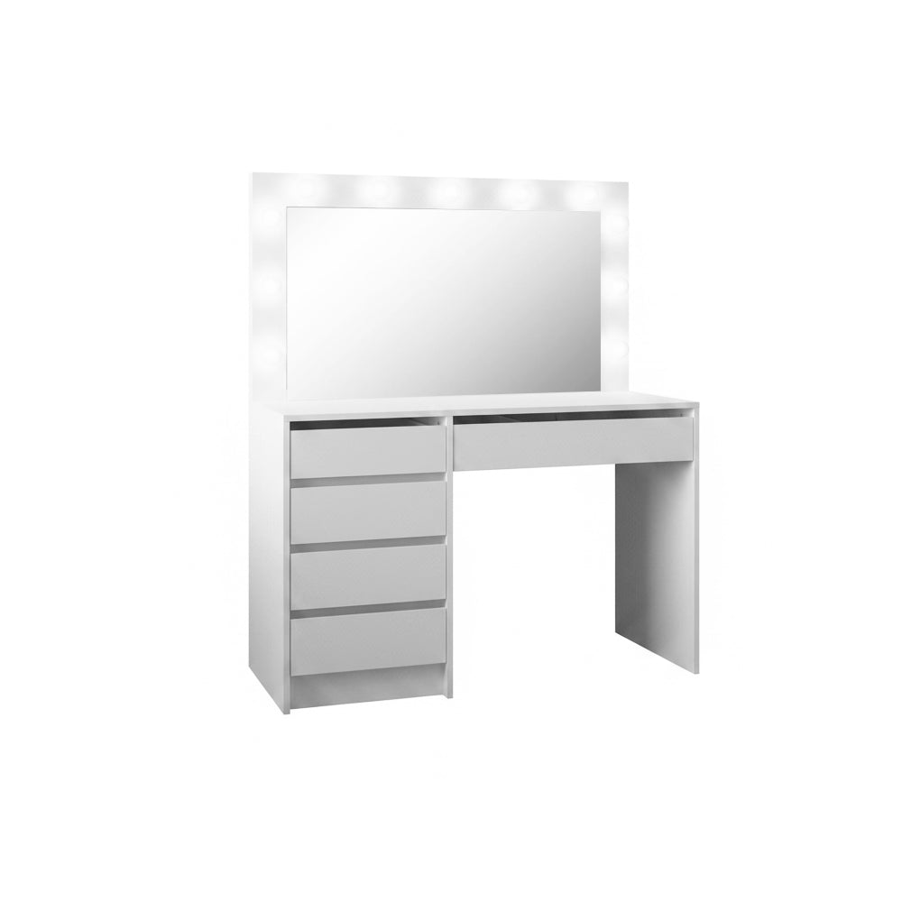 Toeletta trucco Elite bianca con specchio 5 cassetti e lampadine LED 120x55x142,6H