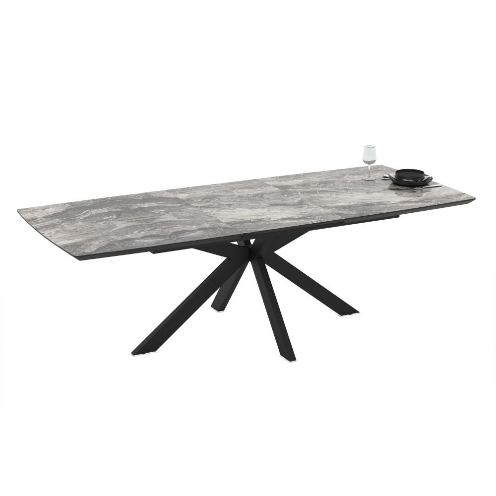 Ausziehbarer Tisch, Tischplatte mit schwarzer Arabesken-Marmoroptik und schwarzem Untergestell 180/240x100x76H Verano