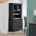 Buffet en bois massif avec vitrine, portes et tiroirs, couleur bleu et chêne 90x40x180H cm - Herti