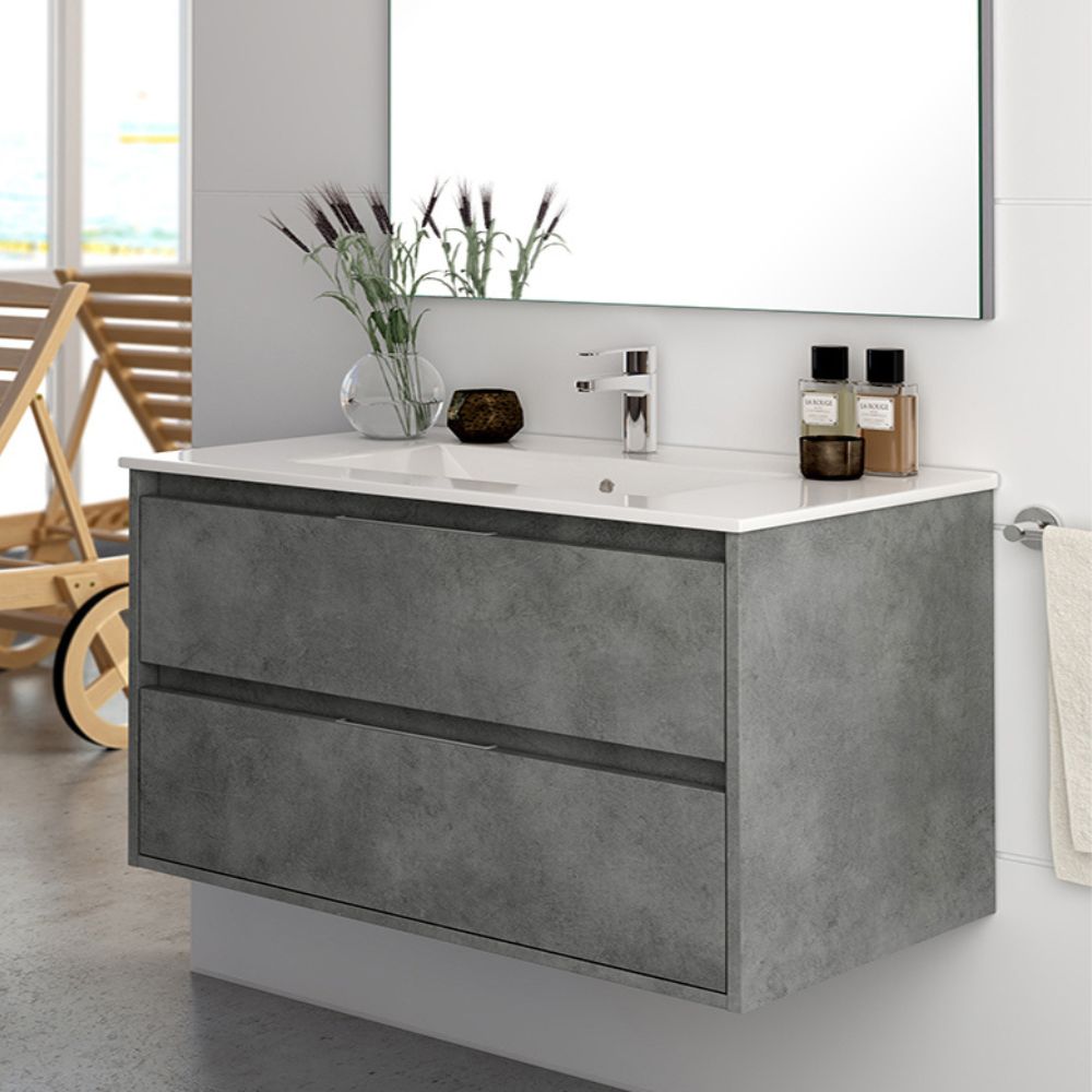 Hängender Badezimmerschrank mit 2 Schubladen in Zementoptik 80x45x48H cm - Konni