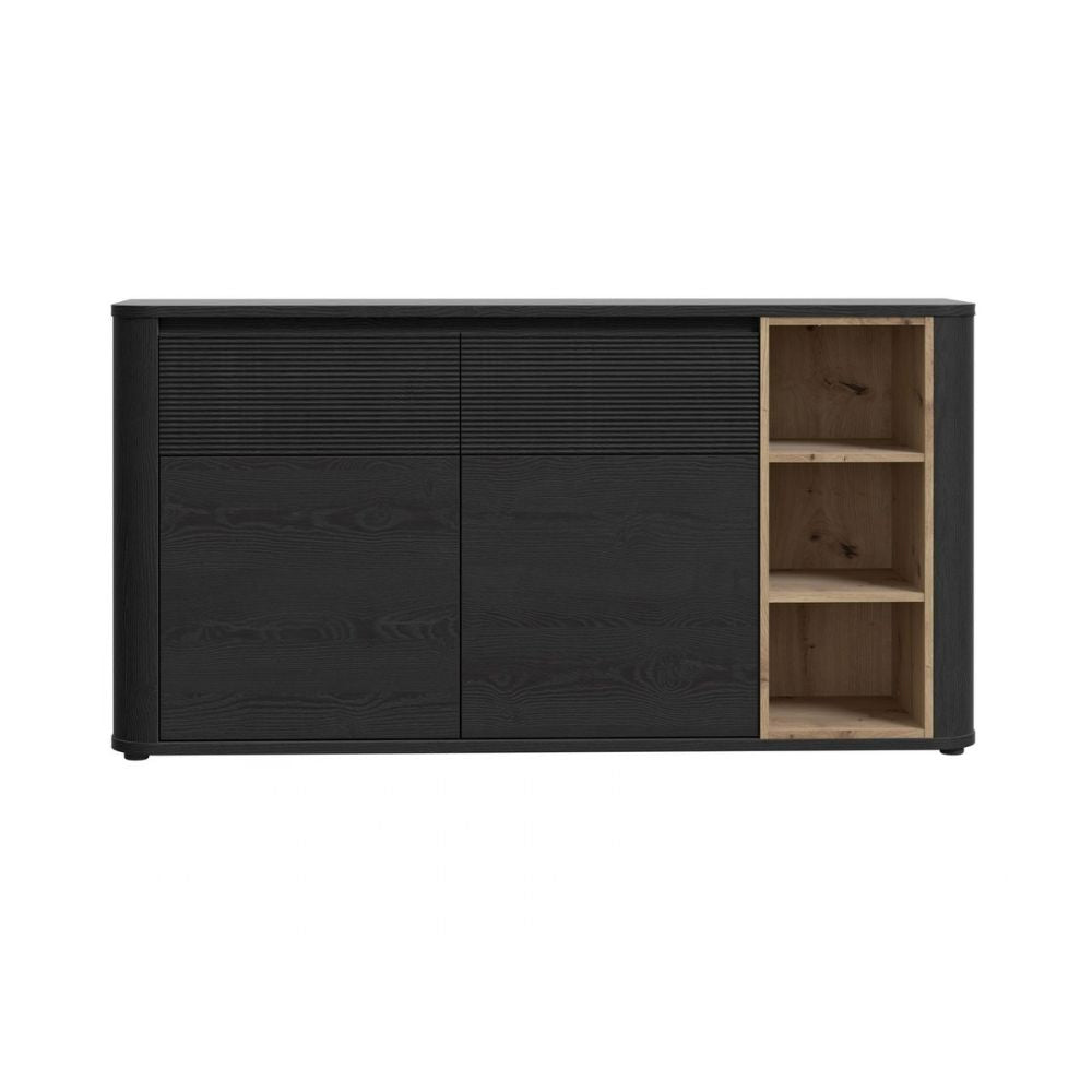 Madia 2 ante 2 cassetti con vani a giorno 160 cm nero e dettaglio rovere Origin Core