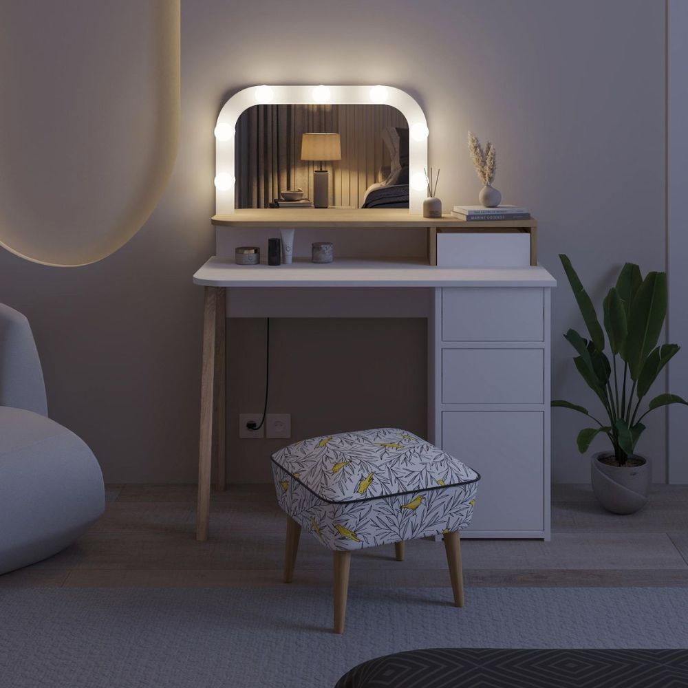 Toeletta da trucco bianco e rovere con specchio e luci LED 105x51.5x131H Avien