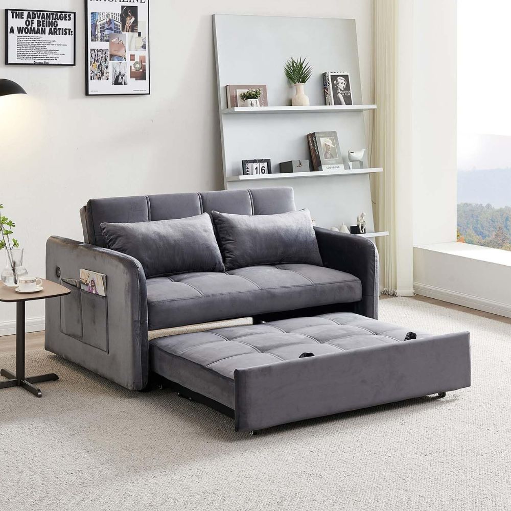 Divano letto in velluto grigio con porta USB e tasca laterale 140,5x94,5x82H Clorene