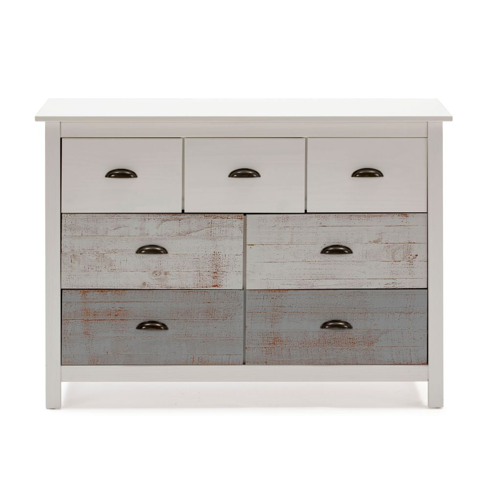 Commode en bois massif avec 7 tiroirs blanc et gris 110x40x80H cm - Romantica
