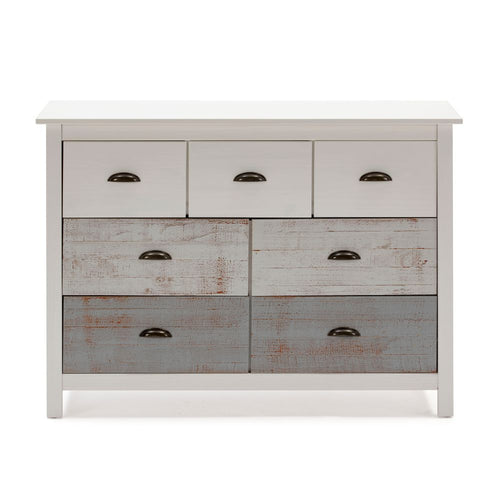 Comò in legno massiccio con 7 cassetti colore bianco e grigio 110x40x80H cm - Romantica