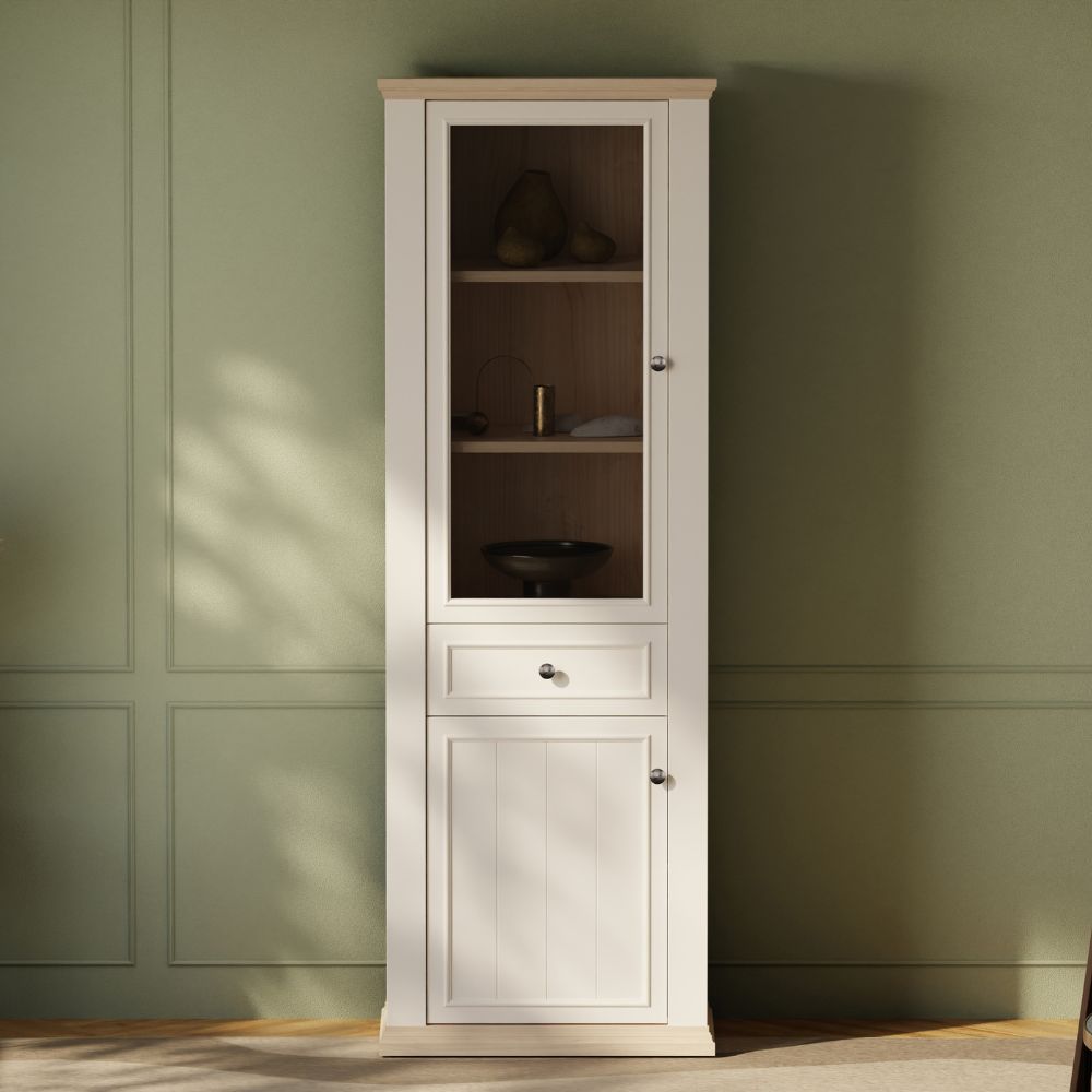 PNTV711-Q214 VITRINE IN WEISS UND EICHE MIT 2 TÜREN UND EINER SCHUBLADE