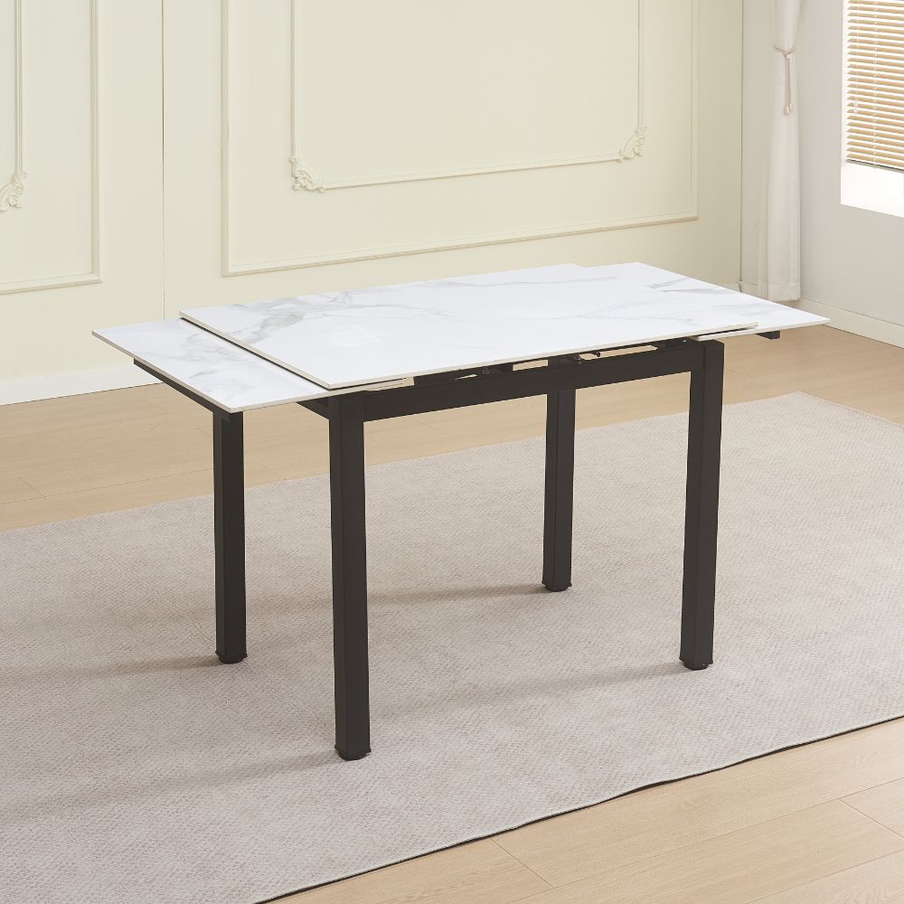 Ausziehtisch Kyoto mit Keramikplatte in weißem Marmor und schwarzem Metallgestell 100x70x75H