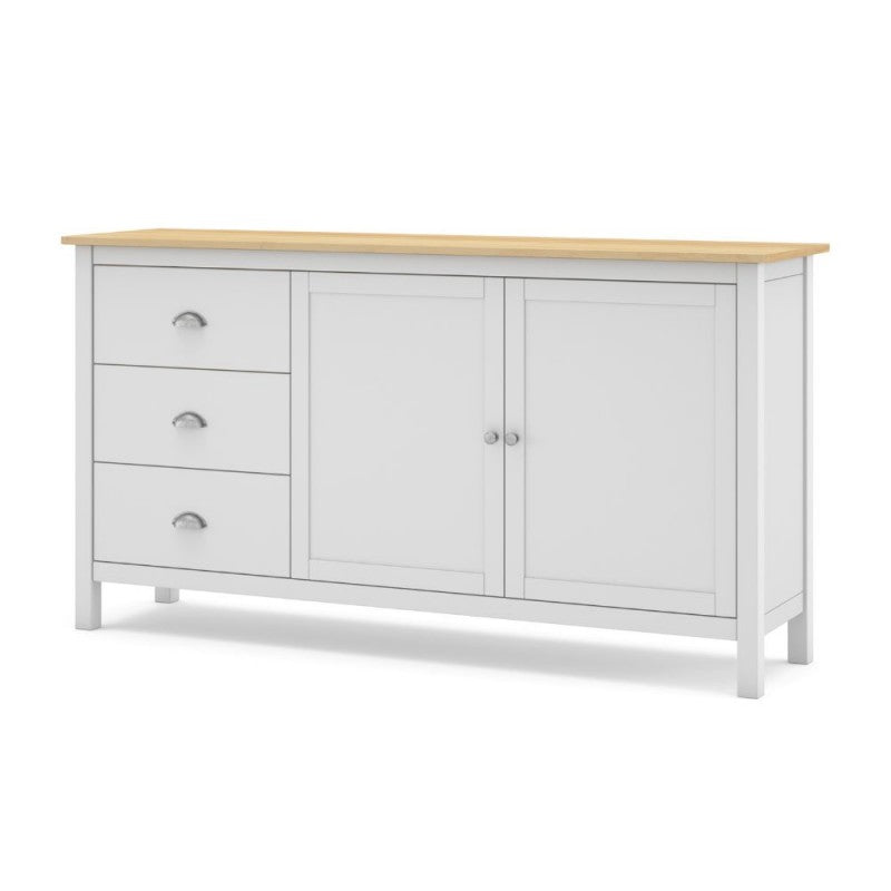 Credenza con 2 ante e 3 cassetti in legno massiccio colore bianco e rovere Misti 150x40x80H