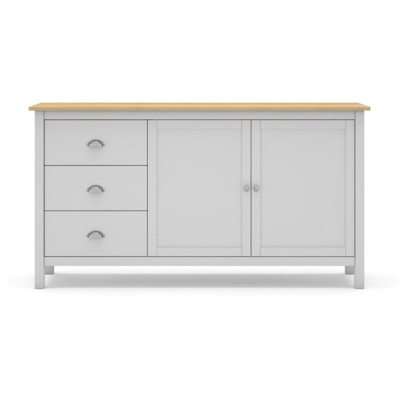 Credenza con 2 ante e 3 cassetti in legno massiccio colore bianco e rovere Misti 150x40x80H