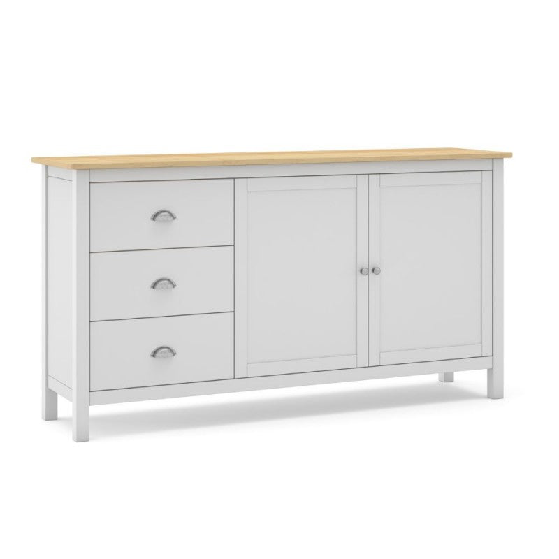 Credenza con 2 ante e 3 cassetti in legno massiccio colore bianco e rovere Misti 150x40x80H