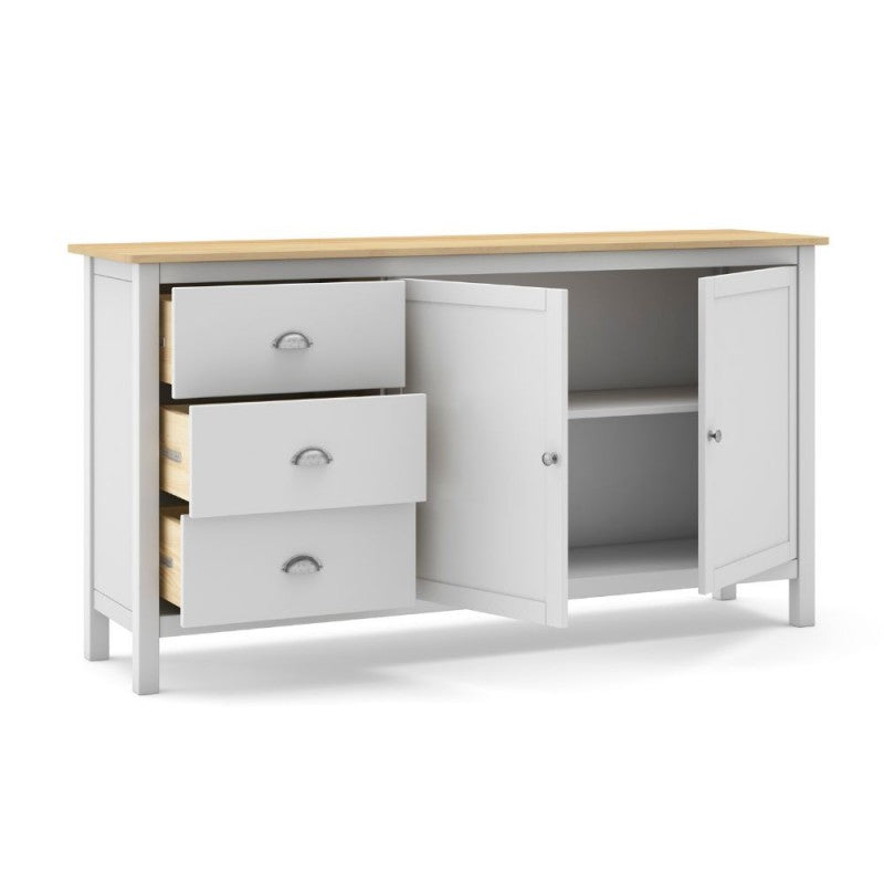 Credenza con 2 ante e 3 cassetti in legno massiccio colore bianco e rovere Misti 150x40x80H