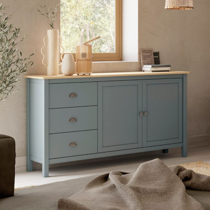 Credenza con 2 ante e 3 cassetti in legno massiccio colore verde cachi e rovere Misti 150x40x80H