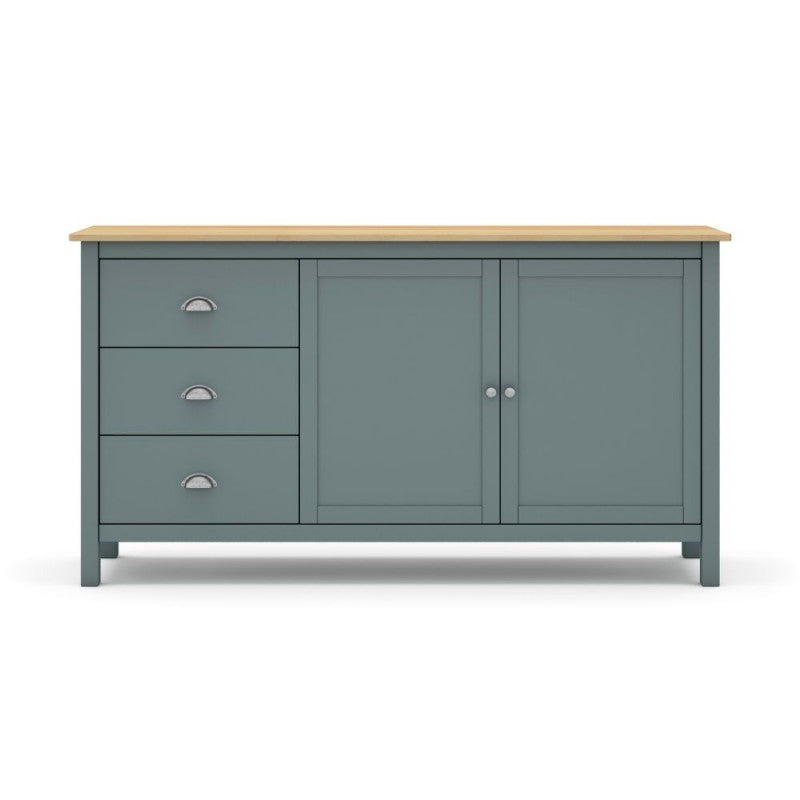 Credenza con 2 ante e 3 cassetti in legno massiccio colore verde cachi e rovere Misti 150x40x80H