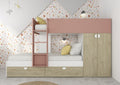 Gilbo Etagenbett für zwei Kinder mit Schrank und Schubladen, Farbe Eiche und Altrosa
