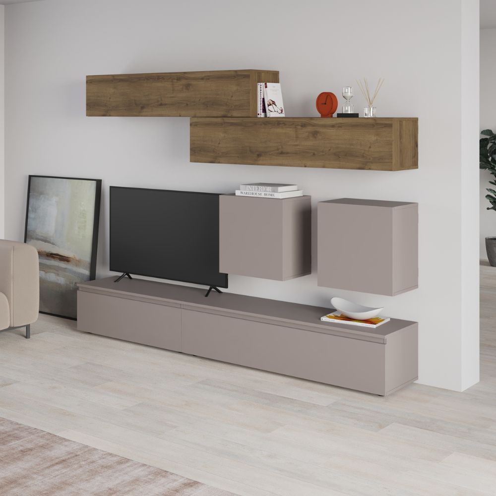 Meuble mural couleur tourterelle et noyer 250x186H cm - Licia