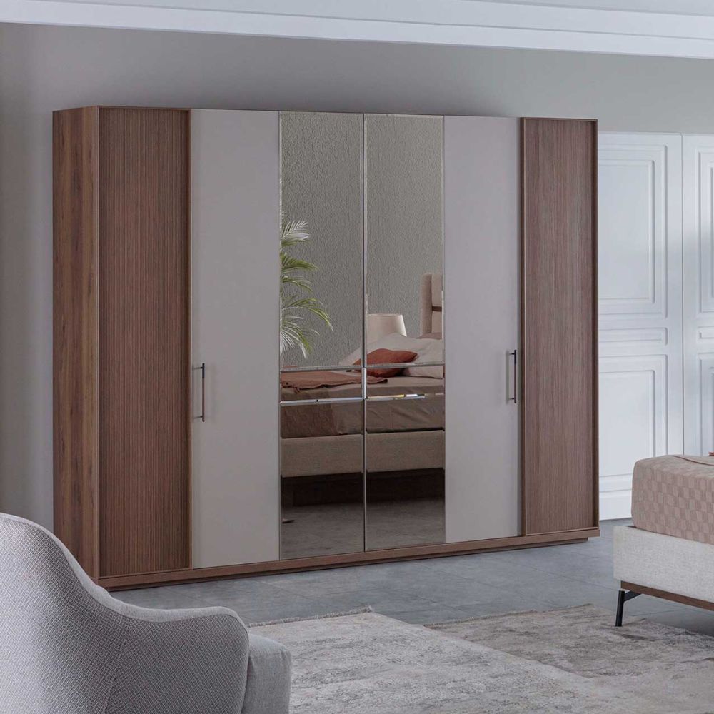 Camera da letto con letto contenitore e armadio con specchi colore beige e kaplan - Vega