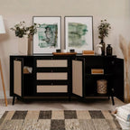 Bahut 175 cm avec 3 tiroirs et 3 portes effet raphia coloris noir - KUTA51A