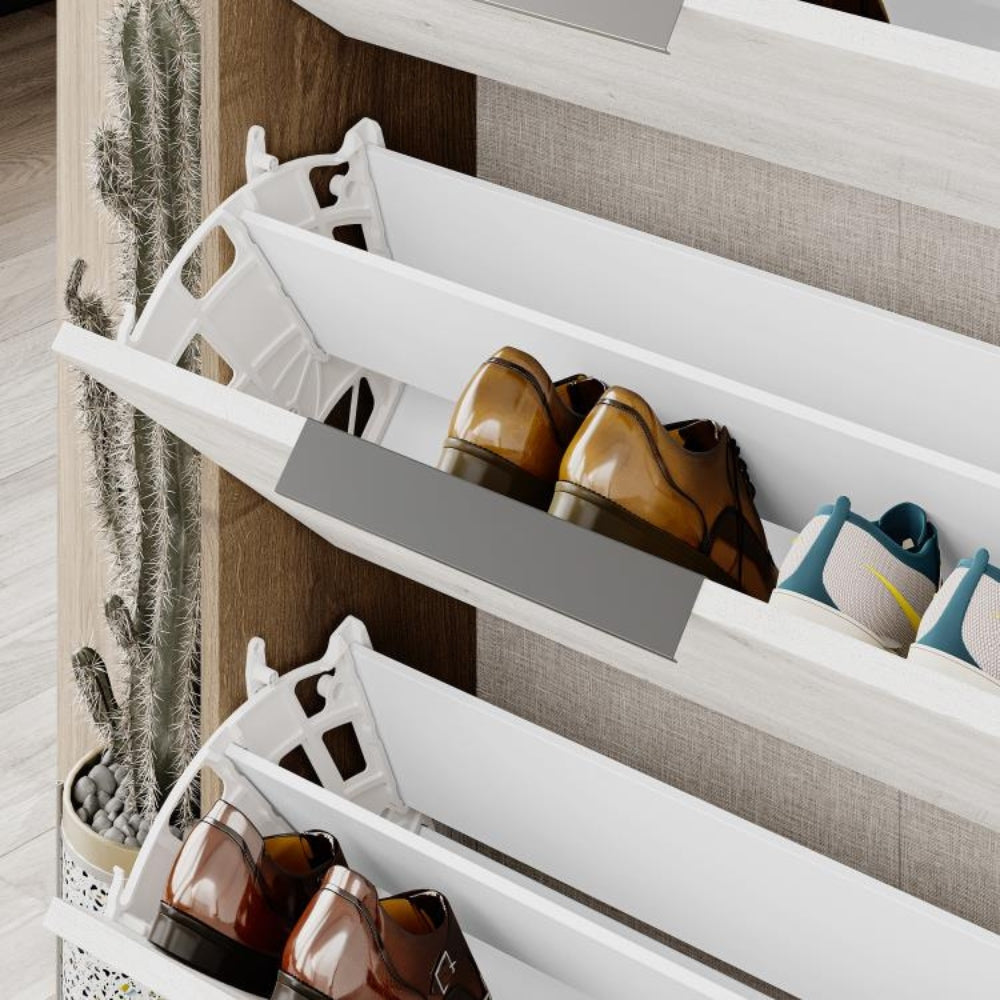 Schuhschrank 78x139,2h cm mit 3 Klapptüren in Weiß und Korpus in Nussbaum - Kaju