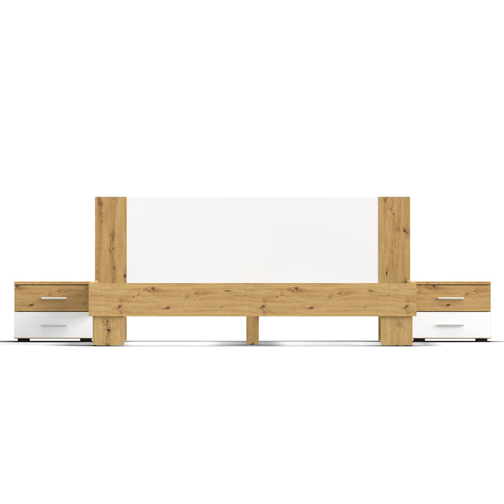 Letto matrimoniale 180x200 con comodini integrati bianco e rovere Meria