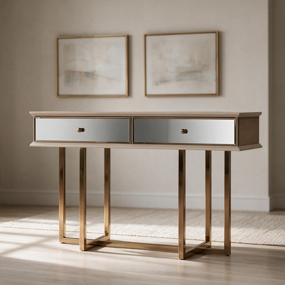 Kommode mit Goldfüßen und 2 Schubladen, Oberfläche Nerzcreme 140.4x80.3H cm - Eliza