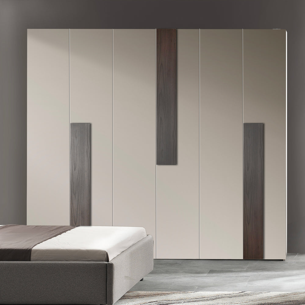SCHLAFZIMMER KENDRA FARBE TAUBENGRAU/NUSSBAUM POLSTERBETT MIT BETTKASTEN 6-TÜRIGER KLEIDERSCHRANK BESTEHEND AUS: