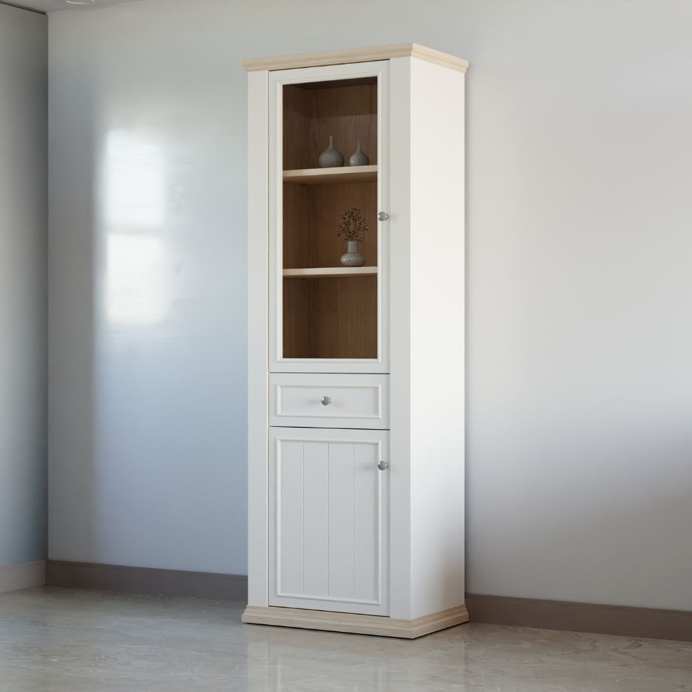 PNTV711-Q214 VITRINE IN WEISS UND EICHE MIT 2 TÜREN UND EINER SCHUBLADE