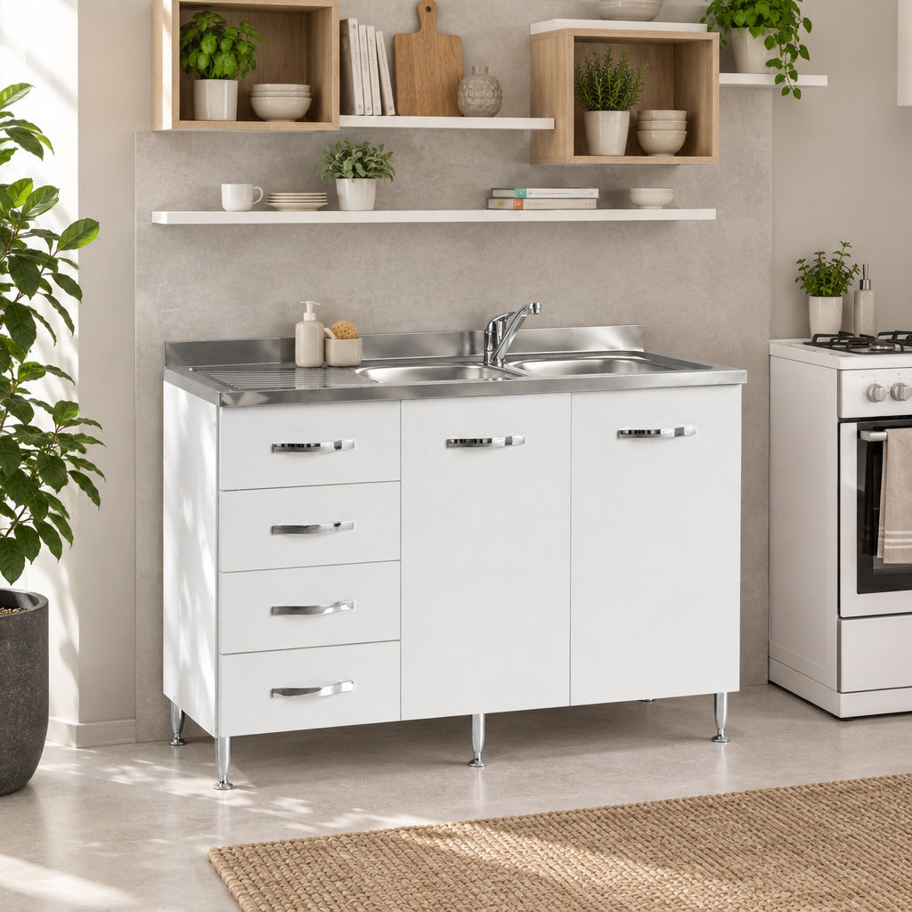 Base sottolavello con cassettiera colore bianco frassinato 120x85H cm sinistra