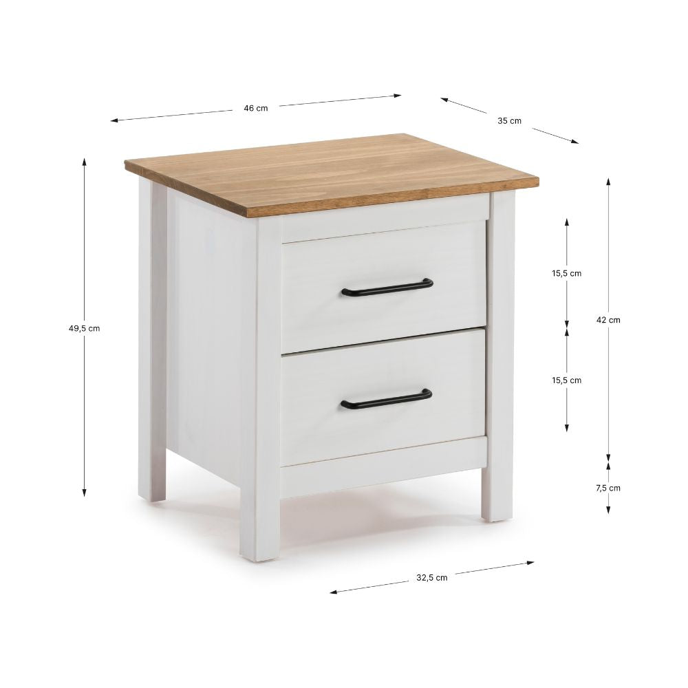 Table de chevet 2 tiroirs en pin massif blanc Miranda