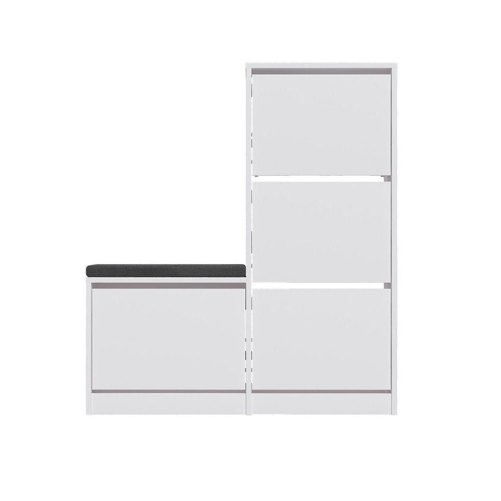 Meuble à chaussures avec banc 4 portes abattantes couleur blanc 105x26x118,5H Dude