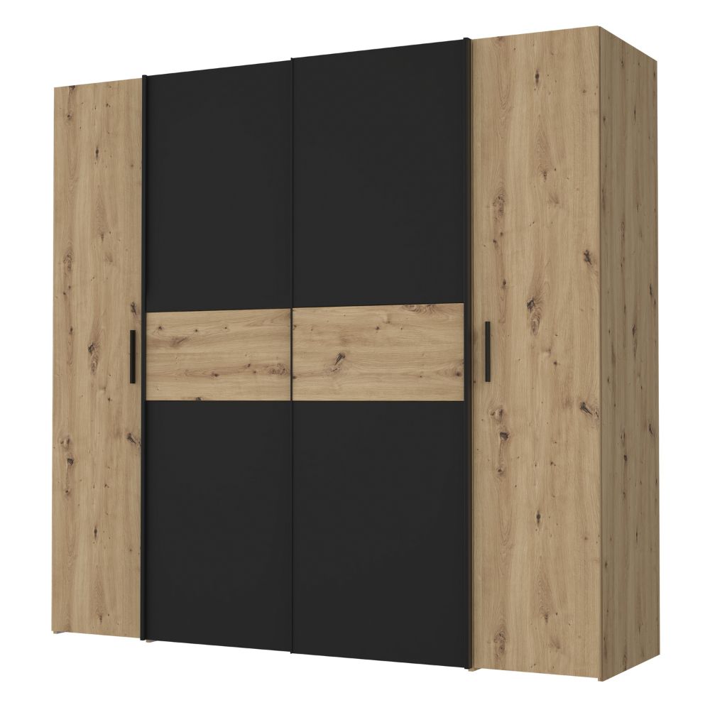 Armadio 4 ante rovere e nero con ante scorrevoli e battenti 200x61x190H Teodoro