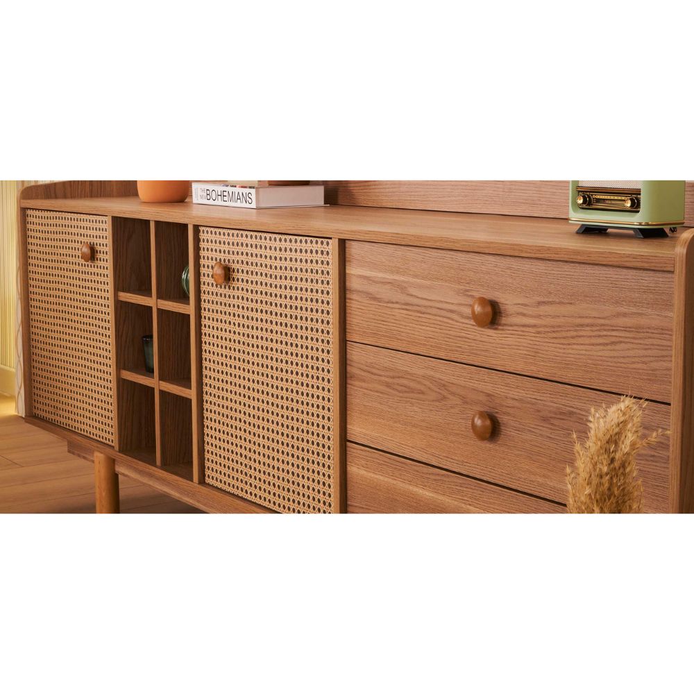 Madia 2 ante effetto vimini con cassetti e vani a giorno finitura rovere miele 206x86H cm - Natura