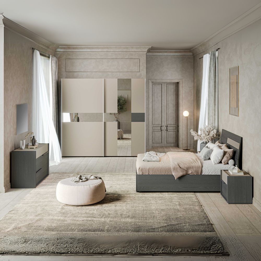 Komplettes Schlafzimmer, Schwebetürenschrank mit Spiegeln und Stauraumbett aus Holz in Grau und Taupe – Sonia